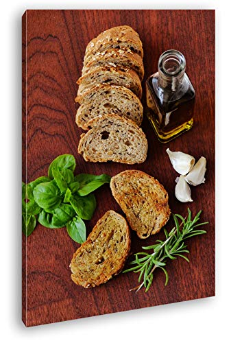 deyoli mediterranes Oliven Öl mit Brot Format: 120x80 als Leinwandbild, Motiv fertig gerahmt auf Echtholzrahmen, Hochwertiger Digitaldruck mit Rahmen, Kein Poster oder Plakat von deyoli
