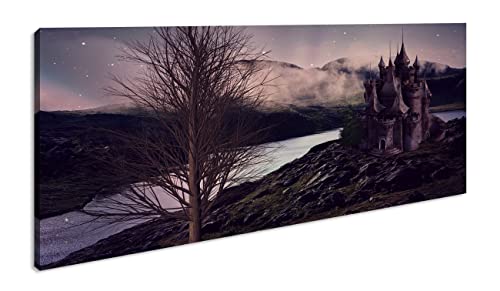 deyoli mittelalterliche Burg Panorama 60x30 cm als Leinwandbild, Motiv fertig gerahmt auf Echtholzrahmen, Hochwertiger Digitaldruck mit Rahmen von deyoli