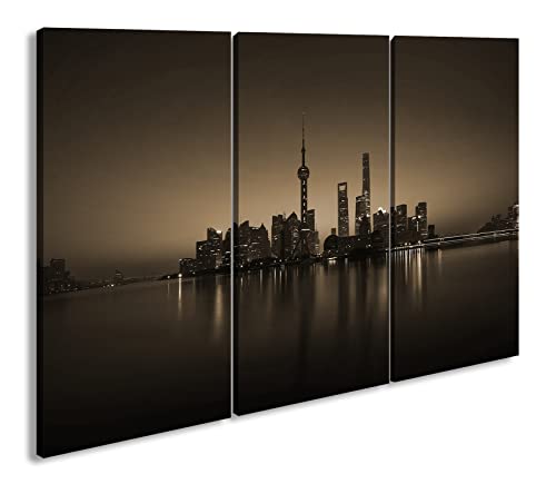 deyoli moderne Skyline Format: 120x80 cm (3Teilig) Effekt: Sepia als Leinwandbild, Motiv fertig gerahmt auf Echtholzrahmen, Hochwertiger Digitaldruck mit Rahmen von deyoli
