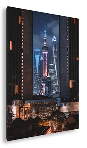 deyoli moderne Stadt bei Nacht Format: 120x80 cm als Leinwandbild, Motiv fertig gerahmt auf Echtholzrahmen, Hochwertiger Digitaldruck mit Rahmen von deyoli