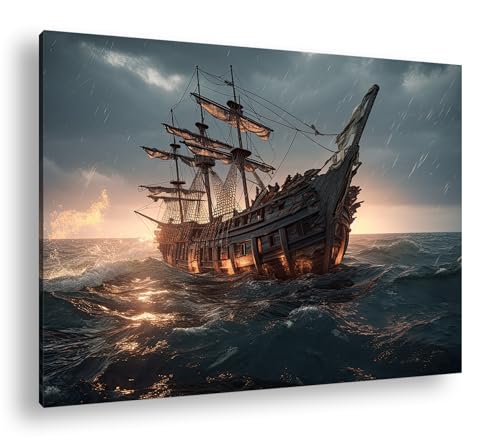 Leinwandbild Ein großes Segelschiff segelt in die mondhelle Nacht Format: 70x50cm XXL Kunstdruck Bild auf Holzrahmen/Wandbild/Wohnzimmer Dekoration von deyoli