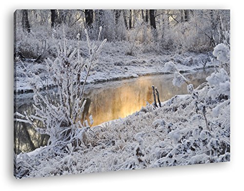 deyoli zugefrorener glänzender Fluss im Winter Format: 80x60 als Leinwandbild, Motiv fertig gerahmt auf Echtholzrahmen, Hochwertiger Digitaldruck mit Rahmen, Kein Poster oder Plakat von deyoli