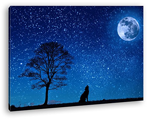 einsamer Wolf jault den Mond an Format: 60x40 als Leinwand, Motiv fertig gerahmt auf Echtholzrahmen, Hochwertiger Digitaldruck mit Rahmen, Kein Poster oder Plakat von deyoli