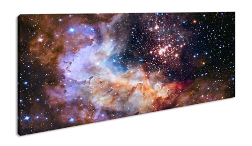 farbenprächtiger Sternencluster Panorama 80x40 cm als Leinwandbild, Motiv fertig gerahmt auf Echtholzrahmen, Hochwertiger Digitaldruck mit Rahmen von deyoli