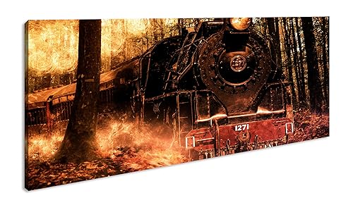 gewaltige Lokomotive im Wald Panorama 120x60 cm als Leinwandbild, Motiv fertig gerahmt auf Echtholzrahmen, Hochwertiger Digitaldruck mit Rahmen von deyoli