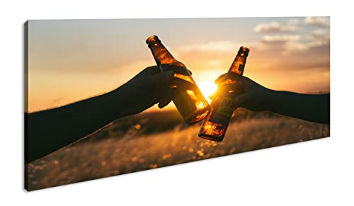 kühles Bier zum Abend Panorama 120x60 cm als Leinwandbild, Motiv fertig gerahmt auf Echtholzrahmen, Hochwertiger Digitaldruck mit Rahmen von deyoli