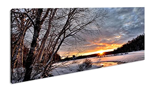 kunstvolle Winterlandschaft Panorama 100x50 cm als Leinwandbild, Motiv fertig gerahmt auf Echtholzrahmen, Hochwertiger Digitaldruck mit Rahmen von deyoli