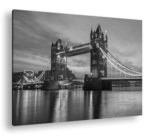 leuchtende Tower Bridge in London Format: 80x60 cm Effekt: Schwarz/Weiss als Leinwandbild, Motiv fertig gerahmt auf Echtholzrahmen, Hochwertiger Digitaldruck mit Rahmen von deyoli