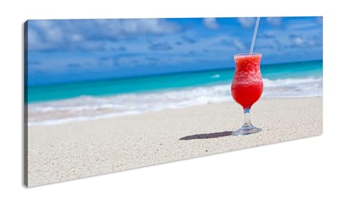 roter Cocktail in der wundervollen Karibik Panorama 80x40 cm als Leinwandbild, Motiv fertig gerahmt auf Echtholzrahmen, Hochwertiger Digitaldruck mit Rahmen von deyoli