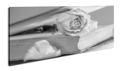 weiße Rose im Buch Panorama 120x60 cm Effekt:Schwarz/Weiß als Leinwandbild, Motiv fertig gerahmt auf Echtholzrahmen, Hochwertiger Digitaldruck mit Rahmen von deyoli
