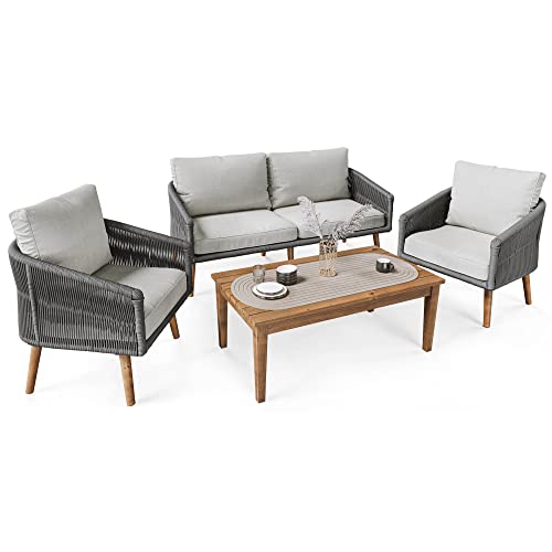 di volio Exlusive Sitzgruppe Matera - Seilgeflechtes Lounge Set für Garten, Balkon & Terrasse mit Sofa, 2 Sesseln und Tisch aus Akazienholz - Gartenmöbel-Set in Holzoptik von di volio