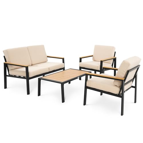 di volio Gartenmöbel-Set Merano Schwarz/Beige, Terrassenmöbel aus wasserfestem Materialien, Gartenmöbel für 4 Personen - Couchtisch & 2 Stühle & 2-Sitzer Sofa von di volio