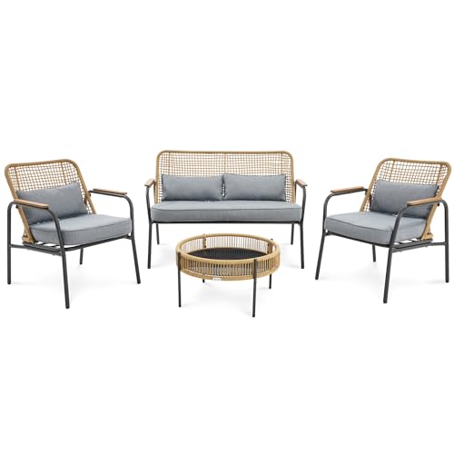 di volio Gartenmöbel-Set Salerno Beige/Grau, Terrassenmöbel aus Polyrattan und Stahl, Gartenmöbel für 4 Personen - Couchtisch & 2 Sessel & 2-Sitzer Sofa von di volio