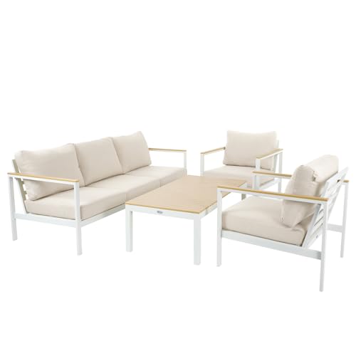 di volio Gartenmöbel Set Tivoli, Terrassenmöbel aus wasserfestem Materialien, Gartenmöbel für 5 Personen - Couchtisch & 3-Sitzer Sofa & 2 Sessel (Weiß/Creme) von di volio