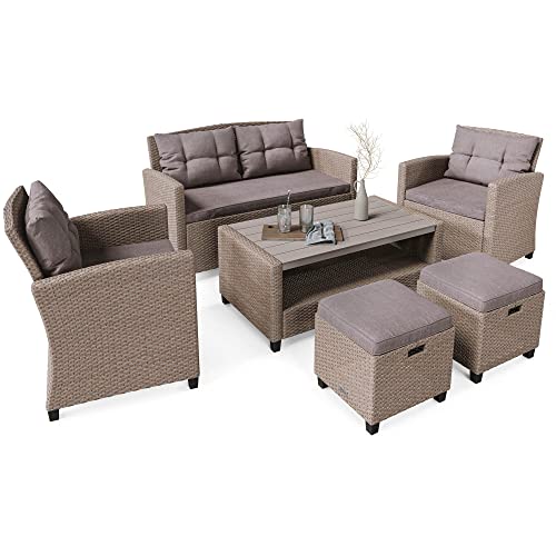 di volio Polyrattan Lounge Gartenmöbel-Set Firenze - Lounge Set mit Doppelsofa, 2 Sesseln, 2 Hockern & Tisch - Gartenmöbel-Set in Rattan-Optik, inkl. eine Fleecedecke von di volio