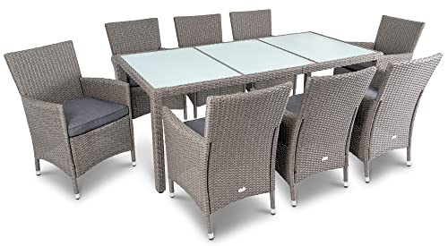 di volio Polyrattan Sitzgruppe Verona - Lounge Gartenmöbel-Set für Garten oder Terrasse, Tisch mit Glasplatte + 8 Stühle - Lounge-Set in Rattan-Optik grau von di volio