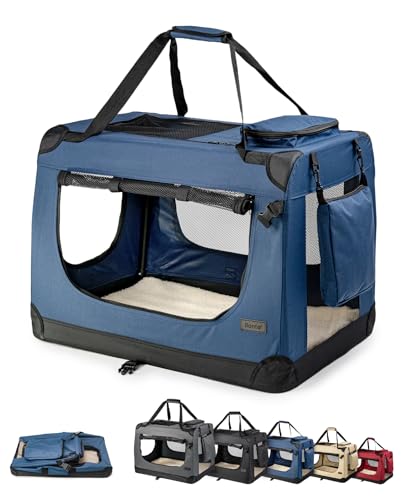 lionto Hundetransportbox faltbar für Reise & Auto, 60x42x44 cm, stabile Transportbox mit Tragegriffen & Decke für Katzen & Hunde bis 12 kg, robuste Hundebox aus Stoff für klein & groß, dunkelblau von lionto