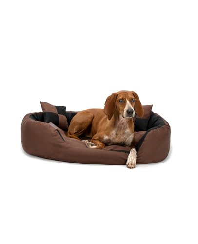 lionto Hundebett 4-in-1 mit Wendekissen aus robustem Oxford, 85x70 cm, Heimtierkissen Kratzfest mit tiefem Einstieg für Katzen und Hunde Aller Größen, inkl. Zierkissen, wasserabweisend, schwarz/braun von lionto