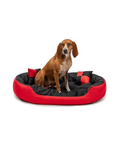 lionto Hundebett 4-in-1 mit Wendekissen aus robustem Oxford, 85x70 cm, Heimtierkissen Kratzfest mit tiefem Einstieg für Katzen und Hunde Aller Größen, inkl. Zierkissen, wasserabweisend, rot/schwarz von lionto