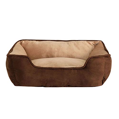 lionto Hundebett 2-in-1 mit komfortablem Einstieg, kuscheliges Heimtierbett zum Wenden für Hunde und Katzen, 80x60 cm, Hundekissen in pflegeleichter Wildlederoptik, braun/beige von lionto