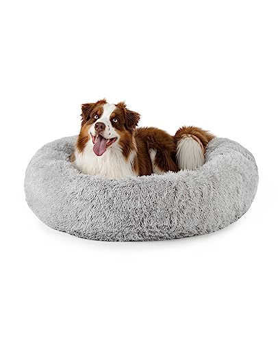 lionto Donutbett für Hunde und Katzen, Flauschiges Hundebett rund für kleine und große Heimtiere, Ø 100 cm, weiches Katzenbett aus kuscheligem Plüsch, Hundekissen mit extra Dicker Füllung, dunkelgrau von lionto