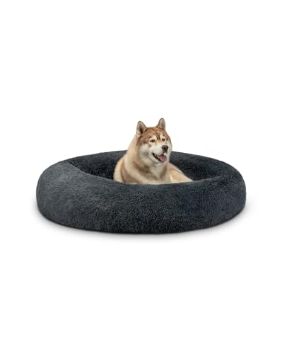 lionto Donutbett für Hunde und Katzen, Flauschiges Hundebett rund für kleine und große Heimtiere, Ø 120 cm, weiches Katzenbett aus kuscheligem Plüsch, Hundekissen mit extra Dicker Füllung, dunkelgrau von lionto