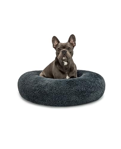 lionto Donutbett für Hunde und Katzen, Flauschiges Hundebett rund für kleine und große Heimtiere, Ø 70 cm, weiches Katzenbett aus kuscheligem Plüsch, Hundekissen mit extra Dicker Füllung, dunkelgrau von lionto