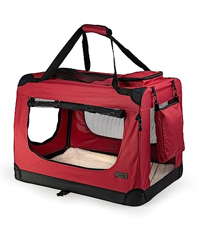 lionto Hundetransportbox faltbar für Reise & Auto, 60x42x44 cm, stabile Transportbox mit Tragegriffen & Decke für Katzen & Hunde bis 12 kg, robuste Hundebox aus Stoff für klein & groß, dunkelrot von lionto