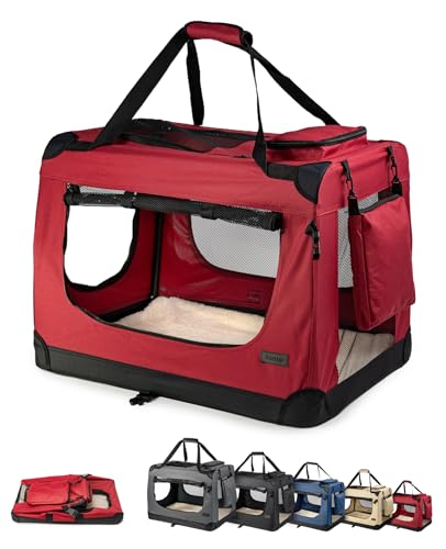 lionto Hundetransportbox faltbar für Reise & Auto, 90x61x65 cm, stabile Transportbox mit Tragegriffen & Decke für Katzen & Hunde bis 22 kg, robuste Hundebox aus Stoff für klein & groß, dunkelrot von lionto