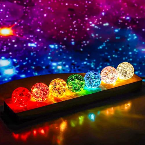 diceevil 7 Stück farbige Sternenhimmel-Kugellampen, Eis-Riss-Kugeln Kugeln mit LED-Holzsockel, USB Buntes Kristall-Nachtlicht für Zuhause, Zimmer, Schreibtisch-Dekoration von diceevil