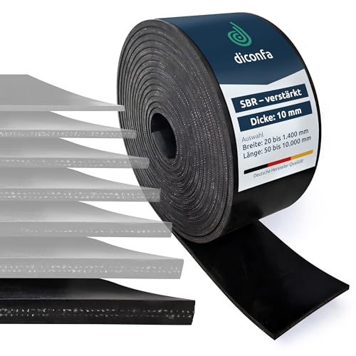 diconfa Gummimatte Gummistreifen mit Gewebeeinlage 10mm DICK - 20 bis 1400mm BREIT - 0,05 bis 10m LANG - Auswahl 700 x 300mm x 10 mm - Zwei Einlagen - Gewebe verstärkt Gummiplatte SBR Vollgummi von diconfa