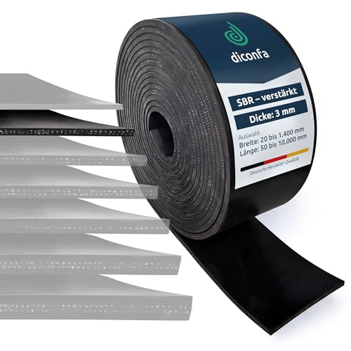 diconfa Gummimatte Gummistreifen mit Gewebeeinlage 3mm DICK - 20 bis 1400mm BREIT - 0,05 bis 10m LANG - Auswahl 1000 x 900mm x 3 mm - Zwei Einlagen - Gewebe verstärkt Gummiplatte SBR Vollgummi von diconfa
