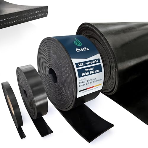 diconfa Gummistreifen mit Gewebeeinlage NACH MAß - 2mm bis 10mm STARK - 20mm bis 500mm BREIT - 0,2m bis 10m LANG - Auswahl: 100mm x 5000mm x 8 mit 2 Einlagen - Gummimatte SBR Hartgummi Vollgummi von diconfa