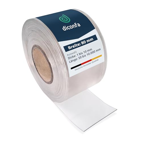 diconfa PVC-Streifen glasklar 80mm 8cm breit - 0,05 bis 10m lang - 1 bis 10mm stark ==> 80 x 3100 x 5mm (8 x 310cm) - Gummistreifen Weich-PVC durchsichtig transparent Streifen-Vorhang Meterware von diconfa