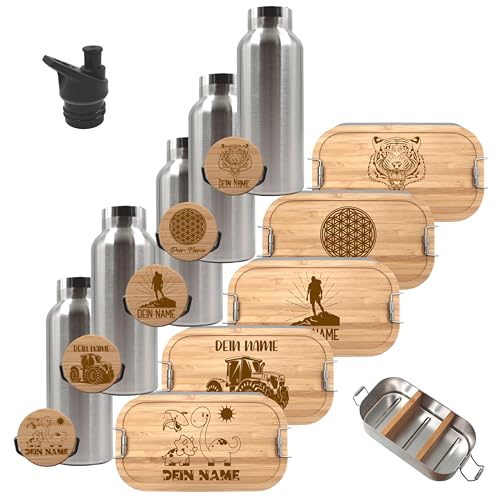 Brotdose und Trinkflasche personalisiert, Brotdose Kinder personalisiert, Trinkflasche personalisiert, Lunchbox Trinkflasche mit Namen, Pausen - Set (Flasche 1 Liter, Lunchbox Weissblech 700 ml) von die-veredler