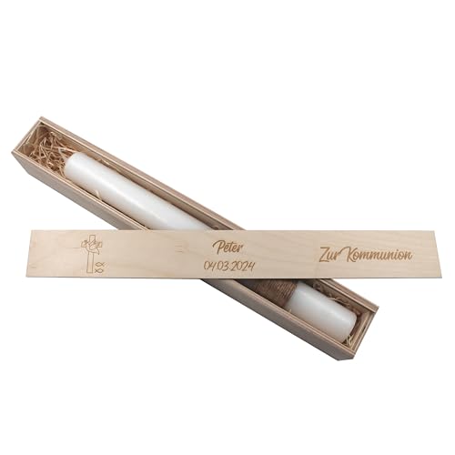 Kerzenbox personalisierbar mit Namen Kerzenboxen personalisiert Kommunionskerzen-Box Aufbewahrungsbox für deine Taufkerze Konfirmation oder Kommunionskerze Stabkerze 50cm Kreuz Fisch Taube von die-veredler