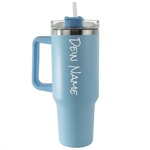 Tumbler Trinkbecher mit Strohhalm 1.18L 40OZ Thermobecher mit Griff hält kühl oder warm Becher mit Deckel und Strohhalm personalisiert mit Namen Tragbarer Autobecher Kaffeebecher TO-GO (Hellblau) von die-veredler