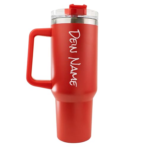 Tumbler Trinkbecher mit Strohhalm 1.18L 40OZ Thermobecher mit Griff hält kühl oder warm Becher mit Deckel und Strohhalm personalisiert mit Namen Tragbarer Autobecher Kaffeebecher TO-GO (Rot) von die-veredler