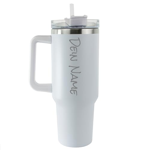Tumbler Trinkbecher mit Strohhalm 1.18L 40OZ Thermobecher mit Griff hält kühl oder warm Becher mit Deckel und Strohhalm personalisiert mit Namen Tragbarer Autobecher Kaffeebecher TO-GO (Weiss) von die-veredler
