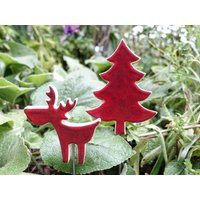 Pflanzenstecker Keramik Tanne Und Elch 2Er Set Frostfest, Rot/Natur von dieKunstwerkstatt