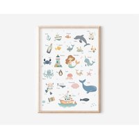 Alphabet Des Meeres Kinderzimmer Poster Mit Tieren & Objekten A-Z | Alphabet-Bild Abc Lernen Wanddekoration Geschenk Druck von diewolkenfabrik
