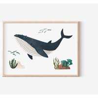 Poster Wal in A3 A4 | Fürs Kinderzimmer Kunstdruck Geschenk Mädchen Junge Meer Plakat Tierposter Walposter von diewolkenfabrik