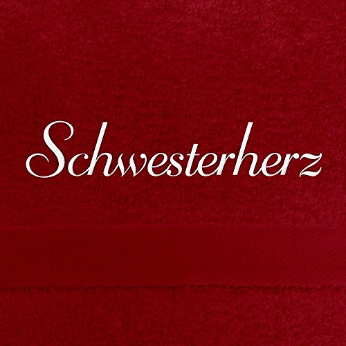 Badehandtuch mit Namen Schwesterherz bestickt, 70x140 cm, rot, extra flauschige 550 g/qm Baumwolle (100%), Handtuch mit Namen besticken, Badetuch mit Bestickung von digital print