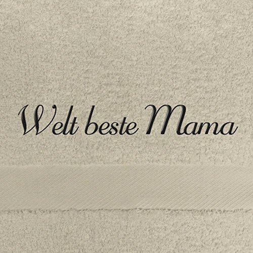 Badehandtuch mit Namen Welt beste Mama bestickt, 70x140 cm, beige, extra flauschige 550 g/qm Baumwolle (100%), Handtuch mit Namen besticken, Badetuch mit Bestickung von digital print