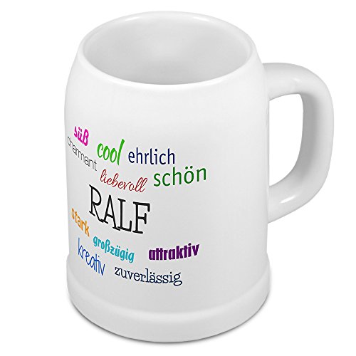 Bierkrug mit Name Ralf - Positive Eigenschaften von Ralf - Namens-Tasse, Becher, Maßkrug, Humpen von digital print