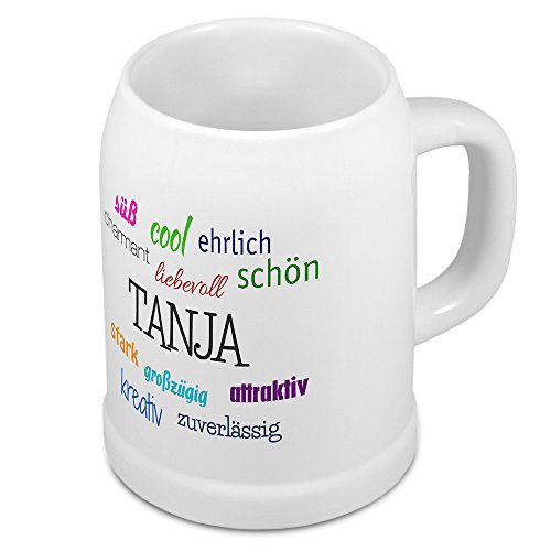 Bierkrug mit Name Tanja - Positive Eigenschaften von Tanja - Namens-Tasse, Becher, Maßkrug, Humpen von digital print