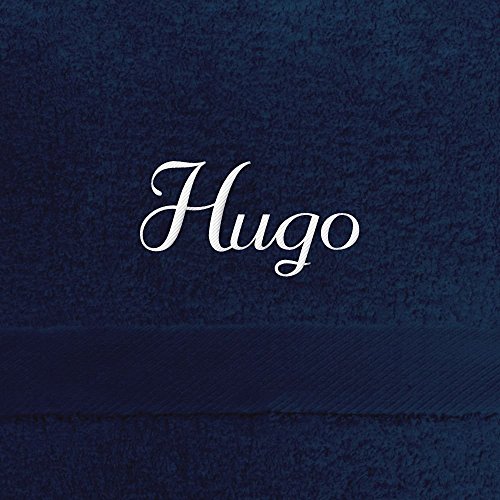 Handtuch mit Namen Hugo bestickt, 50x100 cm, dunkelblau, extra flauschige 550 g/qm Baumwolle (100%), Badetuch mit Namen besticken, Duschtuch mit Bestickung von digital print
