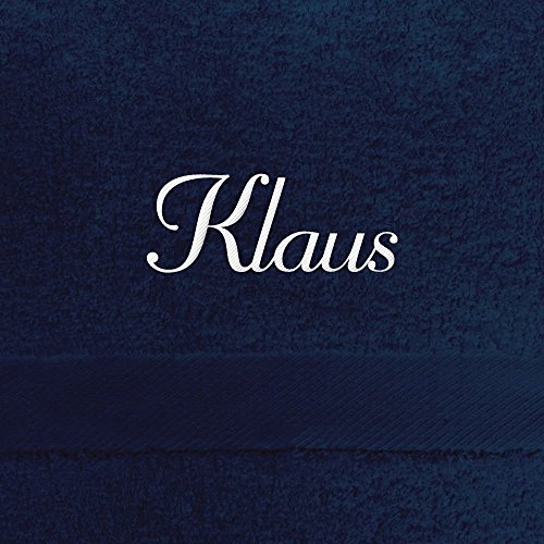 Handtuch mit Namen Klaus bestickt, 50x100 cm, dunkelblau, extra flauschige 550 g/qm Baumwolle (100%), Badetuch mit Namen besticken, Duschtuch mit Bestickung von digital print