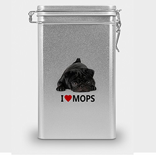 Hundefutterdose "Mops", Vorratsdose, Leckerliedose, Blech-Dose, Hundenapf mit Motiv "Mops" - silber von digital print