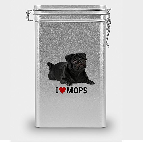 Hundefutterdose "Mops", Vorratsdose, Leckerliedose, Blech-Dose, Hundenapf mit Motiv "Mops" - silber von digital print